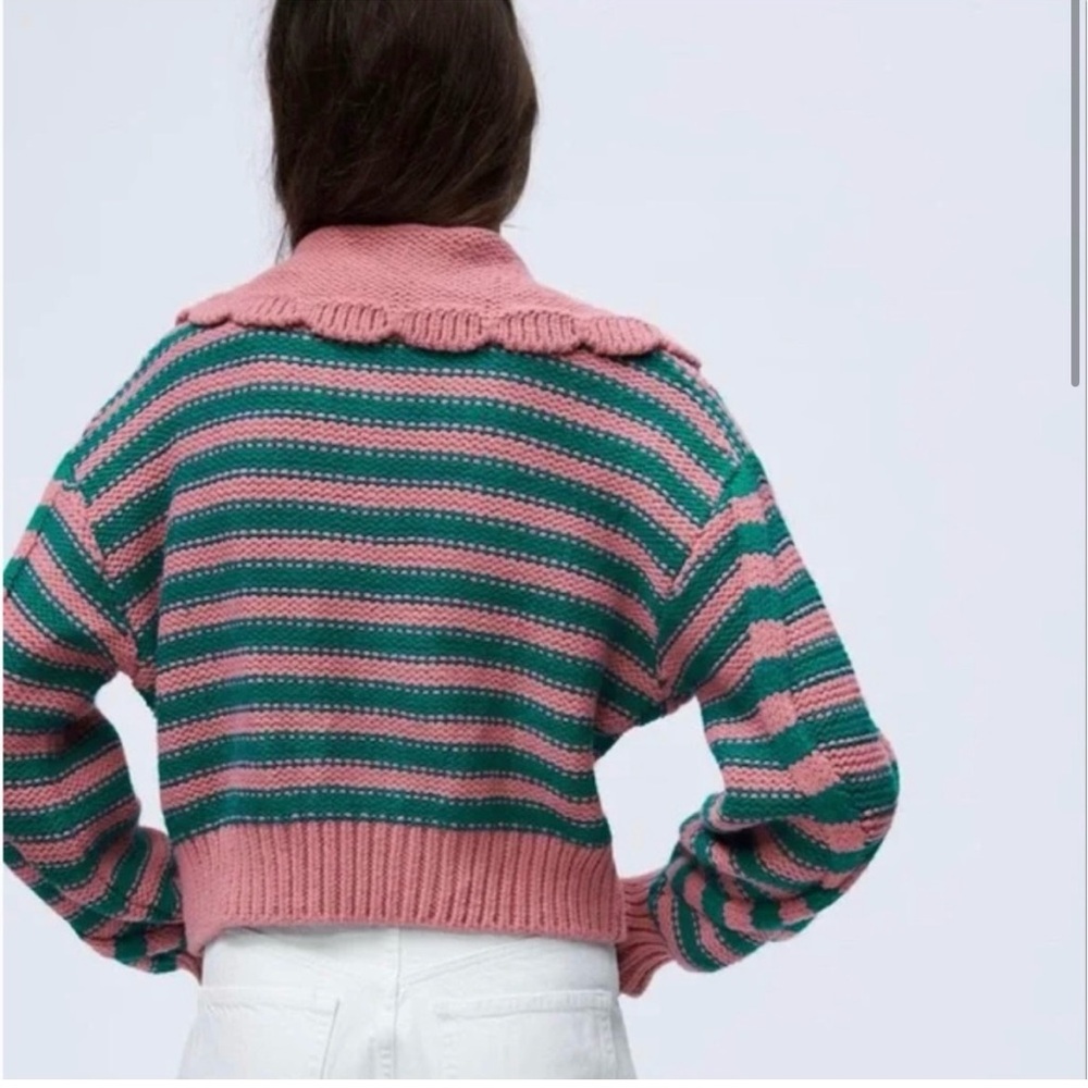 ZARA Ruffled Striped Cable Knit Sweater Pink Green Size S - Picture 4 of 11